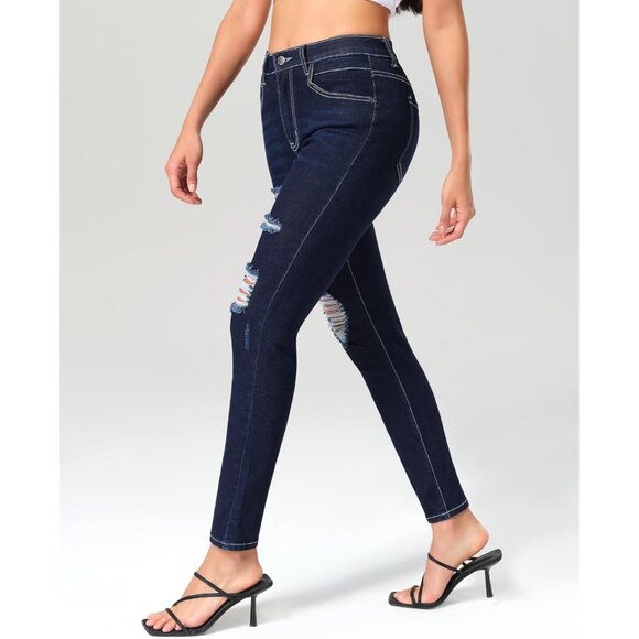 Women's Ripped Skinny Jeans Mid Rise Destroyed Stretchy Casual Pants - Picture 2 of 8